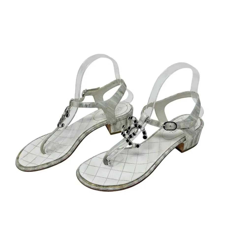 Chanel 20P Silver Laminated Quilted CC Thong Block Heel Sandals 37.5 Box